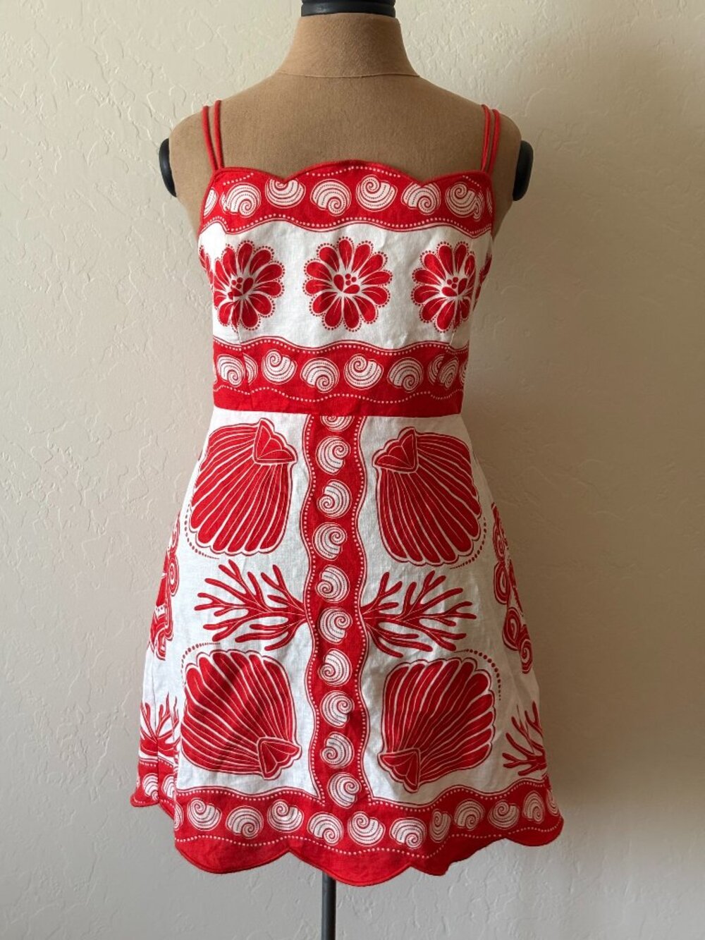 FARM Rio Corset Scalloped Mini Dress. Size L. Red/White.